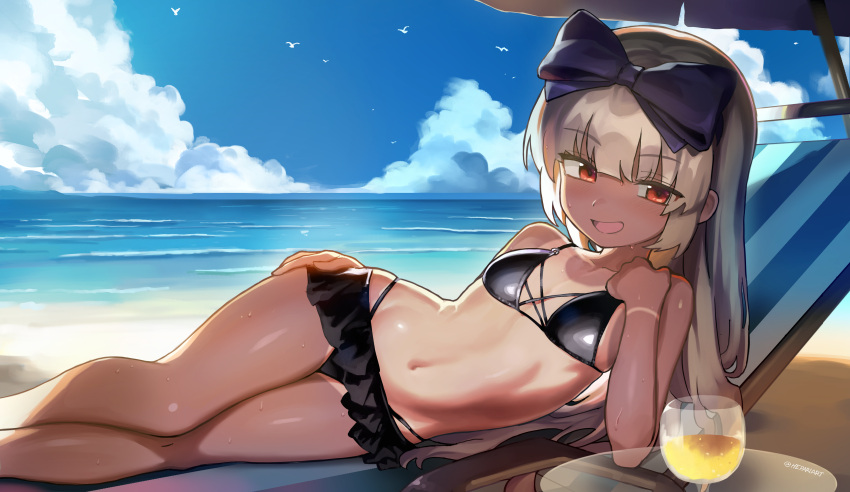 3.1-tan absurdres beach bikini black_bikini bow breasts chair cup female grey_hair hairbow hepari highres horizon looking_at_viewer lounge_chair lying navel ocean on_side os-tan red_eyes small_breasts solo swimsuit tan tanlines