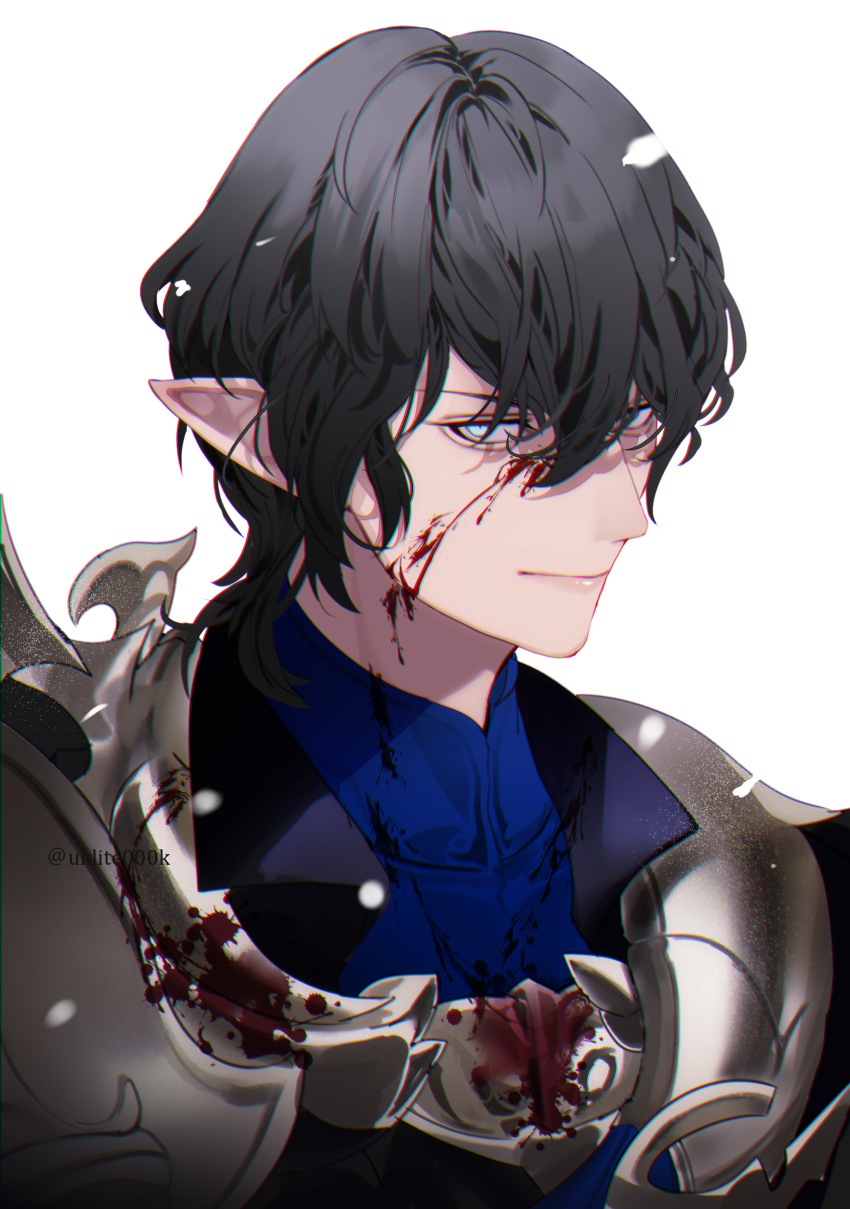 1boy absurdres armor aymeric_de_borel black_hair blood blood_on_clothes blood_on_face blue_eyes blue_shirt closed_mouth elezen elf final_fantasy final_fantasy_xiv hair_between_eyes highres male_focus pauldrons pointy_ears shirt shoulder_armor simple_background smile snow solo twitter_username undershirt upper_body white_background yuuki_kira