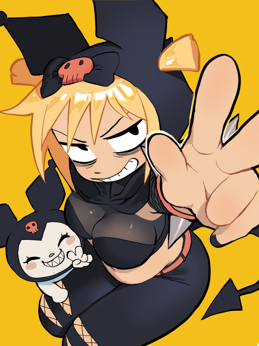 2girls absurdres animal_ears animal_hat bags_under_eyes belly belt black_eyes black_nails black_pants blonde_hair blush_stickers bnm6517 bow breasts chibi closed_eyes commentary_request cosplay crossover demon_tail fake_animal_ears fishnets furry furry_female grin hat highres jitome korean_commentary kuromi kuromi_(cosplay) looking_at_viewer medium_breasts midriff multiple_girls nail_polish navel onegai_my_melody pants perspective rabbit_ears rabbit_girl roxanne_richter sanrio scott_pilgrim_(series) scott_pilgrim_takes_off see-through_clothes sharp_teeth short_hair short_twintails simple_background skull smile tail teeth torn_clothes torn_pants twintails v yellow_background