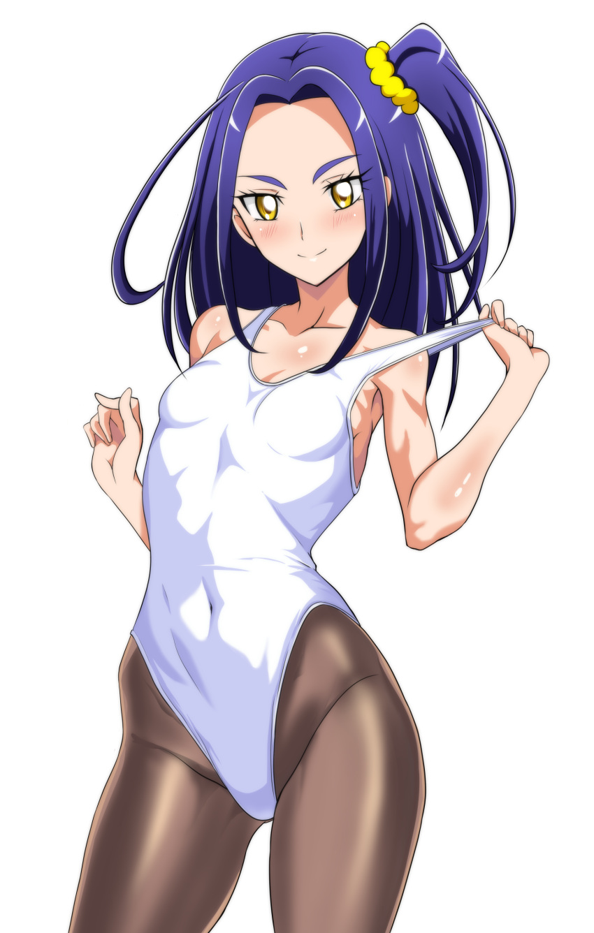 absurdres black_pantyhose breasts commentary_request commission contrapposto covered_navel cowboy_shot female highleg highleg_leotard highres kurokawa_eren leotard leotard_pull long_hair miyabikawa_sakura pantyhose pixiv_commission precure purple_hair small_breasts smile solo suite_precure white_background white_leotard yellow_eyes