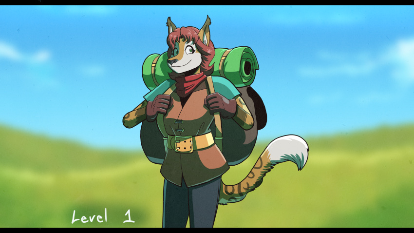 2024 absurd_res anthro backpack belt blurred_background clothing colored dipstick_ears dipstick_limbs dipstick_tail ear_markings female fictional_species field fur gloves green_eyes hair handwear hi_res kerchief looking_at_viewer lynxuki markings multicolored_ears neckerchief red_hair riley_o'shane solo tail tail_markings tan_body tan_fur volkenfox white_body white_fur