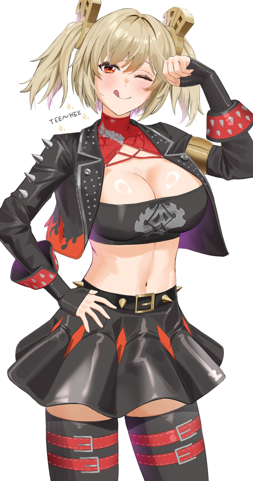 ;) ;q absurdres anoreika_tomoe bandeau belt black_belt black_gloves black_jacket black_skirt black_thighhighs blonde_hair blush breasts burnice_white cleavage cowboy_shot female fingerless_gloves gloves highres jacket large_breasts long_sleeves looking_at_viewer midriff miniskirt navel one_eye_closed open_clothes open_jacket orange_eyes red_belt short_hair simple_background skirt smile solo standing stomach strapless thighhighs thighs tongue tongue_out tube_top two_side_up white_background zenless_zone_zero