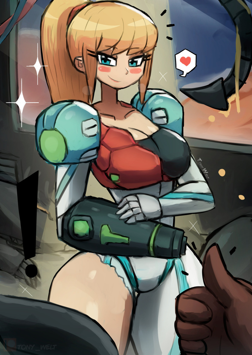 absurdres arm_cannon armor blonde_hair blue_eyes blush breasts female gun highres large_breasts long_hair looking_at_viewer metroid metroid_dread ponytail ridley samus_aran smile tony_welt underwear varia_suit weapon