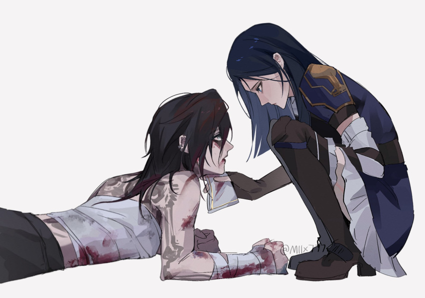 2girls arcane:_league_of_legends arcane_caitlyn arcane_vi bandages black_hair blood blue_eyes blue_hair breasts caitlyn_(league_of_legends) dress gloves highres league_of_legends long_hair miix777 multiple_girls police short_hair tattoo vi_(league_of_legends) yuri