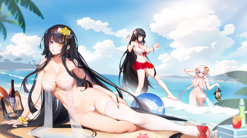 3girls absurdres akagi_(warship_girls_r) beach bikini black_hair blue_sky breasts character_request check_character chinese_commentary cloud commentary_request day hair_ornament heterochromia highres holding holding_shoes large_breasts long_hair looking_at_viewer lying micro_bikini miniskirt multiple_girls navel on_side outdoors pleated_skirt purple_eyes red_eyes red_skirt sand sandals shoes single_sandal single_thighhigh skirt sky suruga_(warship_girls_r) swimsuit thighhighs twintails very_long_hair warship_girls_r white_bikini white_hair xnnagu yellow_eyes