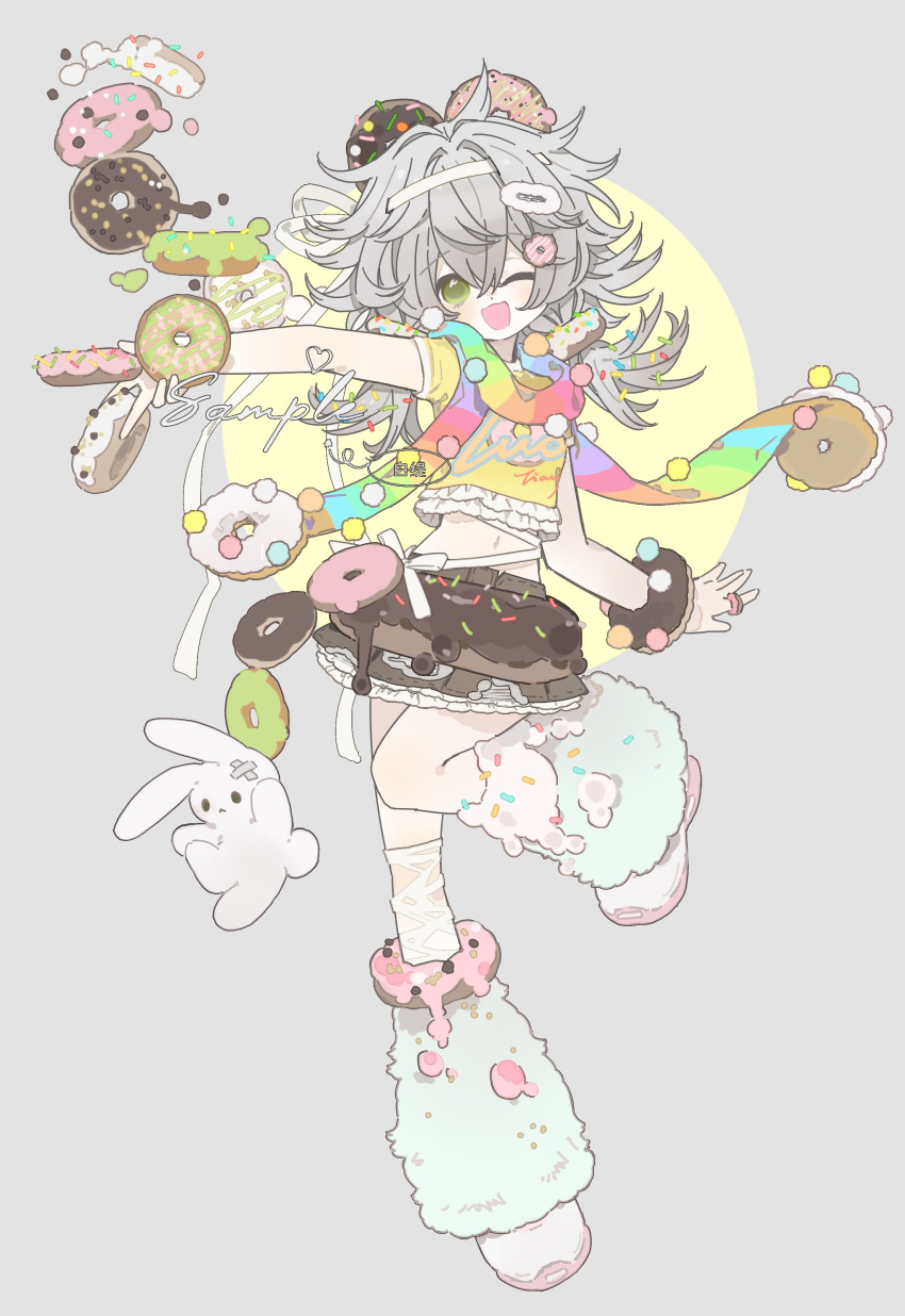 absurdres alternate_costume anklet bity3155660241 bracelet chinese_commentary commentary_request crop_top doughnut doughnut_hair_ornament food food-themed_clothes food-themed_hair_ornament full_body fur_leg_warmers green_eyes grey_eyes grey_hair hair_ornament heisei_retro highres jewelry leg_up leg_warmers long_hair looking_at_viewer luo_tianyi midriff navel one_eye_closed open_mouth rainbow_scarf sample_watermark scarf simple_background skirt smile sprinkles standing standing_on_one_leg stuffed_animal stuffed_rabbit stuffed_toy tachi-e vocaloid watermark