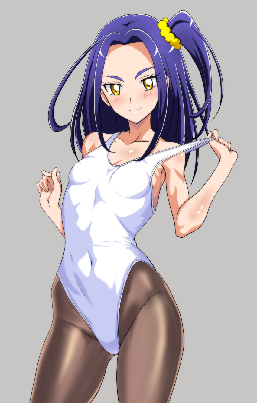 absurdres black_pantyhose breasts commentary_request commission contrapposto covered_navel cowboy_shot female grey_background highleg highleg_leotard highres kurokawa_eren leotard leotard_pull long_hair miyabikawa_sakura pantyhose pixiv_commission precure purple_hair small_breasts smile solo suite_precure white_leotard yellow_eyes