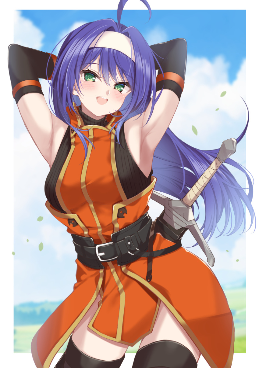 ahoge armpits arms_behind_head belt belt_buckle black_belt black_thighhighs blue_sky buckle cloud commentary_request day dress female fire_emblem fire_emblem:_path_of_radiance fire_emblem:_radiant_dawn floating_hair green_eyes hairband highres jiino long_hair looking_at_viewer mia_(fire_emblem) orange_dress purple_hair sky sleeveless sleeveless_dress smile solo sword thighhighs very_long_hair weapon white_hairband