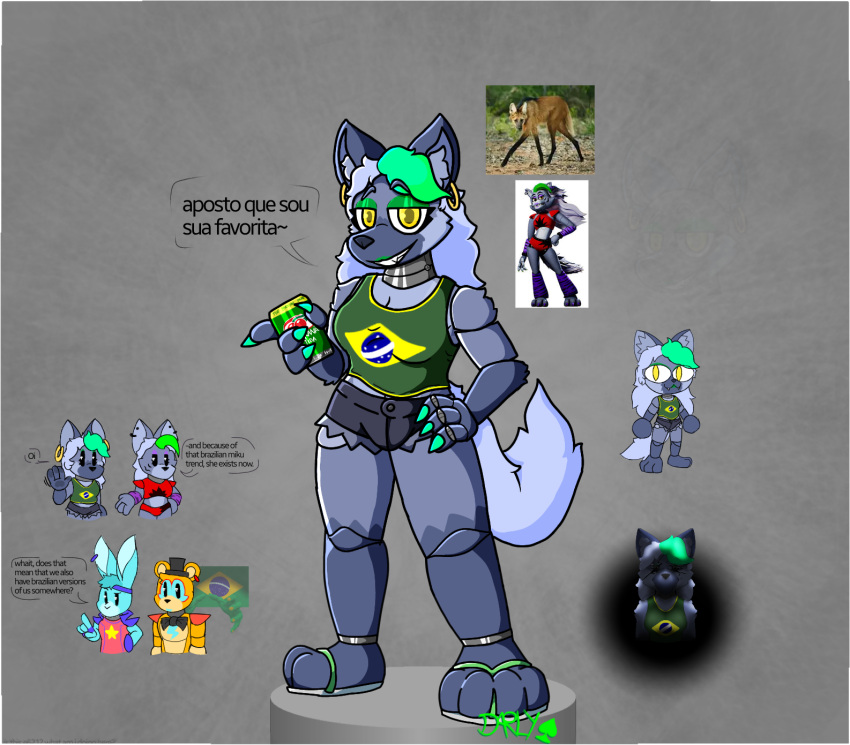 2024 accessory alternate_ethnicity animatronic anthro arm_warmers armwear bear beverage beverage_can blue_body blue_fur bottomwear brazil brazilian brazilian_flag brazilian_roxanne_wolf breasts canid canine canis clothed clothing colored_nails darli_buni dialogue digital_drawing_(artwork) digital_media_(artwork) ear_piercing ear_ring english_text eyelashes eyeshadow feet female fingers five_nights_at_freddy's five_nights_at_freddy's:_security_breach footwear fur glamrock_bonnie_(fnaf) glamrock_freddy gloves_(marking) green_clothing green_eyeshadow green_lipstick green_nails green_shirt green_tank_top green_topwear grey_body grey_fur grey_hair grey_tail guarana_soda hair hand_on_hip hat headband headgear headwear hi_res highlights_(coloring) holding_object hoop_ear_ring lagomorph leg_markings leporid lips lipstick looking_at_viewer machine makeup male mammal maned_wolf markings multicolored_body nails neco-arc open_mouth orange_body orange_fur piercing portuguese_text purple_eyeshadow rabbit reference_image ring_piercing robot roxanne_wolf sandals scottgames shaded shirt shoes signature simple_background smile socks_(marking) soda speech_bubble star steel_wool_studios tail tank_top teeth text topwear translation_request tsukihime type-moon yellow_eyes