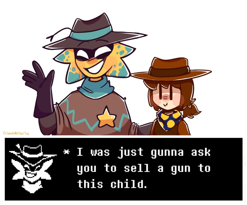 ambiguous_gender anthro blush clothing clover_(undertale_yellow) corruption cowboy cowboy_hat dark_humor dialogue dialogue_box duo english_text friend_charlie gloves grin handwear hat headgear headwear human humor imminent_peril innocence male mammal poncho scarf sheriff sheriff_badge simple_background size_difference smile smirk starlo_(undertale_yellow) text too_dumb_to_live undertale_(series) undertale_yellow unknown_species unprofessional_behavior white_background