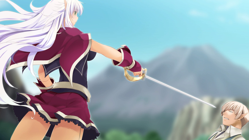 1boy atelier-moo belt breasts cloak closed_mouth cowboy_shot dark_elf detached_sleeves elf female garter_straps hair_between_eyes highres holding holding_sword holding_weapon large_breasts long_hair long_pointy_ears miniskirt mountain narrow_waist outdoors pointy_ears purple_cloak rapier silvia_milsteen skirt sky standing sword thighs very_long_hair weapon wizards_symphony zettai_ryouiki