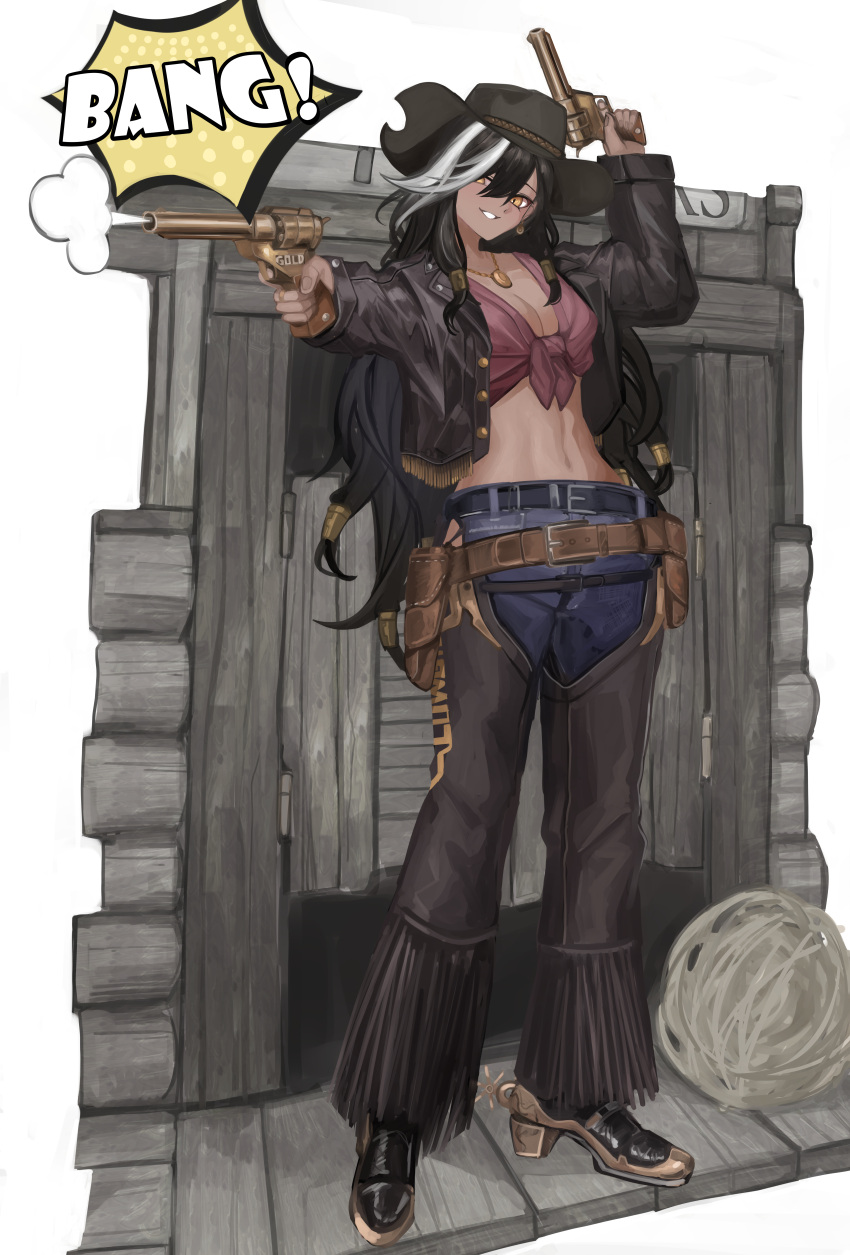 absurdres alternate_costume aokuma_(yuuran_create) belt black_belt black_hair black_hairband black_jacket boots breasts centurion_(reverse:1999) chaps cleavage collarbone commentary_request cowboy_boots cowboy_hat cowgirl_(western) crop_top dark-skinned_female dark_skin denim dual_wielding earrings female full_body gun hair_between_eyes hair_over_one_eye hair_ribbon hairband hat highres holding holding_gun holding_weapon holster jacket jeans jewelry leather leather_jacket long_hair medium_breasts midriff multicolored_hair navel necklace open_clothes open_jacket pants parted_lips purple_shirt reverse:1999 ribbon shadow shirt sidelocks smile solo sound_effects spurs standing streaked_hair tied_shirt tress_ribbon weapon white_hair yellow_eyes