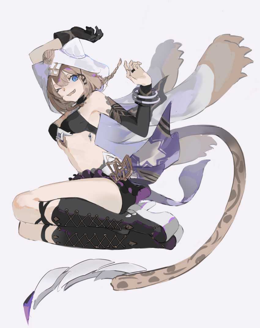 aco_gbfg animal_ear_hood arm_up bike_shorts black_gloves blue_eyes boots braid breasts brown_hair cape cat_tail cross-laced_footwear detached_sleeves double-parted_bangs female floating_clothes floating_hair full_body gloves high_heel_boots high_heels highres honkai_(series) honkai_impact_3rd hood hooded_cape jewelry knee_boots knees_up medium_hair midriff oerba_yun_fang pardofelis_(honkai_impact) ring single_detached_sleeve single_glove solo tail twin_braids wings