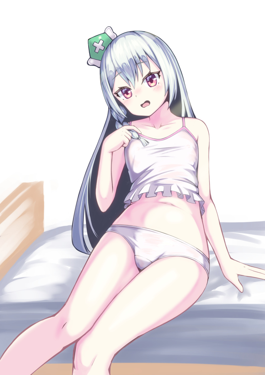 blush breasts camisole commission dorai feet_out_of_frame female futoku_no_guild hair_between_eyes hand_on_floor hat highres knees_together_feet_apart long_hair looking_at_viewer maidena_angers mini_hat navel on_bed open_mouth orange_eyes panties pixiv_commission playing_with_own_hair simple_background sitting small_breasts solo stomach underwear underwear_only wavy_mouth white_background white_camisole white_hair white_panties