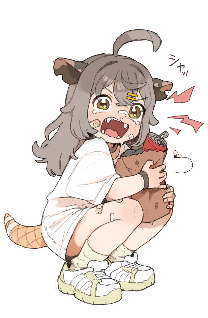 absurdres ahoge animal_ears bag bandaid bandaid_on_face brown_eyes brown_hair crying crying_with_eyes_open female frown growling highres long_hair looking_at_viewer macci_(opossumachine) open_mouth opossumachine original paper_bag possum_ears possum_girl possum_tail shirt shoes short_sleeves simple_background sneakers solo tears white_footwear white_shirt