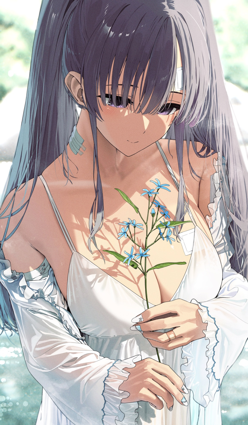 bandage_on_chest bandage_on_neck bandaged_fingers bandaged_head bandages bare_shoulders blurry blurry_background breasts cleavage closed_mouth collarbone detached_sleeves dress female fingernails flower grey_hair highres holding holding_flower idolmaster idolmaster_shiny_colors large_breasts looking_down nail_polish noeru purple_eyes smile solo twintails upper_body white_dress white_nails yukoku_kiriko