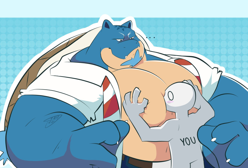 2023 ambiguous_gender anon anthro anthrofied belly big_arms big_pecs black_inner_ear blastoise blue_background blue_ears blue_face blue_facial_hair blue_fingers blue_hands blue_neck blush bowsarthekoopa brown_shell claws clothed clothing countershade_face countershade_torso countershading digital_drawing_(artwork) digital_media_(artwork) dotted_background duo ellipsis facial_hair fan_character fangs generation_1_pokemon head_in_pecs hi_res humanoid_hands male male/ambiguous mouthless multicolored_necktie necktie nintendo noseless open_clothing open_shirt open_topwear pattern_background pec_grab pecs pokemon pokemon_(species) pokemorph professor_b.lastoise red_necktie scalie sharp_teeth shell shirt signature simple_background snaggle_teeth snaggle_tooth tan_belly tan_chest tan_face teeth thick_arms topwear two_tone_face two_tone_necktie untied_necktie white_back white_body white_claws white_face white_fingers white_hands white_legs white_neck white_necktie