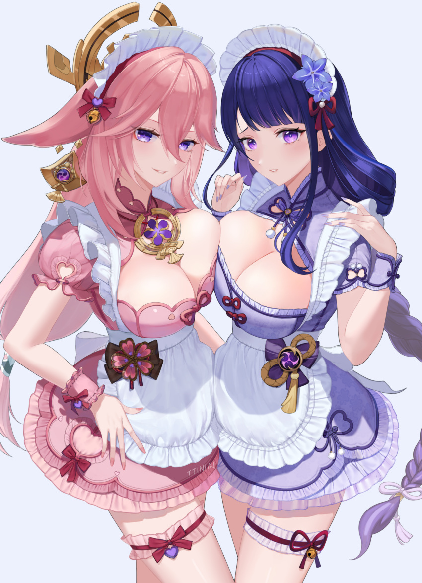 2girls alternate_costume animal_ears apron blue_background blush breast_press breasts cleavage commentary cowboy_shot dress enmaided fingernails floppy_ears fox_ears fox_girl frilled_apron frills genshin_impact hair_between_eyes highres kotneo large_breasts long_hair looking_at_viewer low-braided_long_hair low-tied_long_hair maid maid_headdress multiple_girls nail_polish pink_dress pink_hair pink_nails puffy_short_sleeves puffy_sleeves purple_dress purple_eyes purple_hair purple_nails raiden_shogun short_sleeves simple_background smile symbol-only_commentary thigh_strap tomoe_(symbol) waist_apron white_apron white_headdress yae_miko