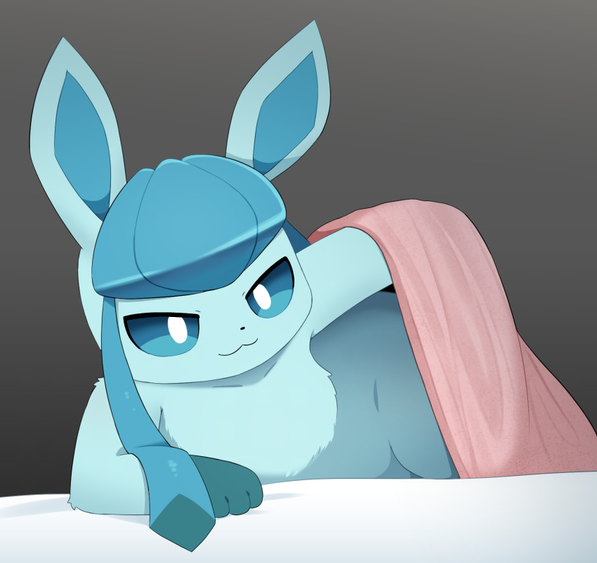 2024 3_fingers :3 ambiguous_gender anthro anthrofied bed_sheet bedding biped black_nose blanket blue_arms blue_body blue_ears blue_eyes blue_fur blue_inner_ear colored digital_media_(artwork) eeveelution fingers fur generation_4_pokemon glaceon gloves_(marking) gradient_background grey_background hi_res inviting inviting_under_covers kemono looking_at_viewer lying mammal markings nintendo nude on_side paws pokemon pokemon_(species) pokemorph pupils shaded simple_background smile solo sum under_covers white_pupils