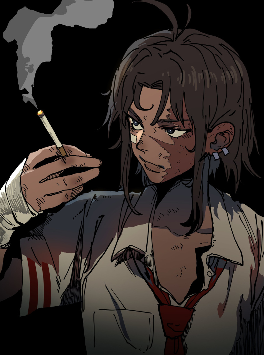 absurdres ahoge bandaged_hand bandages black_background borrowed_character breast_pocket brown_hair burn_scar cigarette closed_mouth collarbone dark dark-skinned_female dark_skin earrings female flat_chest gauze_on_cheek gift_art grey_eyes hand_up hatching_(texture) highres holding holding_cigarette injury isaacchief300 jewelry lips looking_at_object loose_necktie lucille_(elhayne) multiple_earrings necktie open_collar original parted_bangs pocket red_necktie scar scar_on_face shadow shirt short_hair short_sleeves sidelocks simple_background smoke smoking solo upper_body v-shaped_eyebrows white_shirt