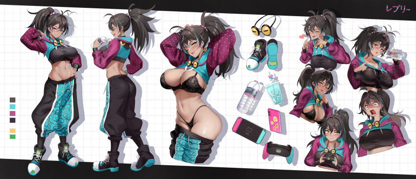 absurdres ahoge aqua_hoodie ass black_bra black_footwear black_hair black_pants black_shirt blue_hair blue_pants blush bottle bra breasts closed_eyes clothes_pull collarbone color_guide controller crop_top cropped_hoodie cup dark-skinned_female dark_skin drinking_straw earrings female game_controller goggles goggles_around_neck hair_between_eyes hand_on_own_hip heart highres holding holding_bottle holding_controller holding_game_controller hood hood_down hoodie indie_virtual_youtuber jewelry large_breasts lily_pad long_hair median_furrow midriff multicolored_footwear multicolored_hair multicolored_pants navel neon_harper neon_harper_(1st_costume) nintendo_switch one_eye_closed pants pants_pull phone pink_hair pink_nails pink_sleeves reference_sheet second-party_source shirt stone_(ksorede) streaked_hair surprised sweat taut_clothes taut_shirt underwear virtual_youtuber yellow_eyes