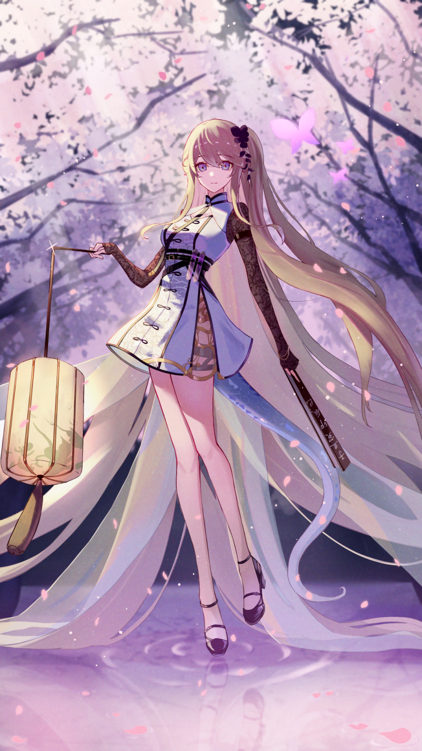 absurdly_long_hair aoi_tooru arknights black_gloves blonde_hair blurry blurry_background cherry_blossoms china_dress chinese_clothes cleavage_cutout closed_mouth clothing_cutout commentary_request dress elbow_gloves falling_petals female full_body gloves grey_tail hair_between_eyes hair_ornament hand_up highres holding indigo_(arknights) indigo_(serene_day)_(arknights) lace lace_gloves light_particles light_rays light_smile long_hair looking_at_viewer official_alternate_costume petals purple_eyes reflection reflective_water ripples short_dress side_slit sleeveless sleeveless_dress solo standing tail tree very_long_hair vial water white_dress