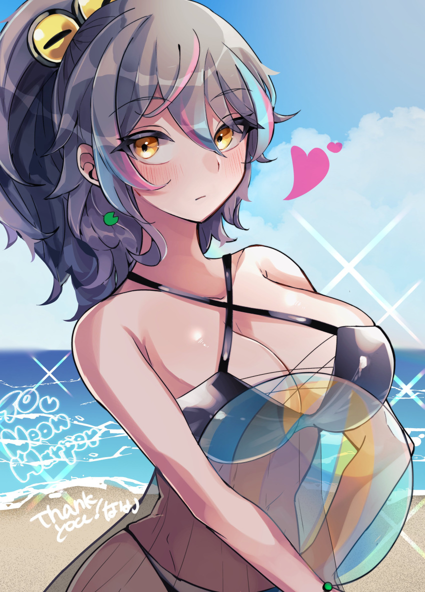 absurdres ball beach beachball bikini black_bikini blue_hair blush breasts character_name closed_mouth cloud collarbone commission criss-cross_halter female grey_hair hair_between_eyes hair_ornament halterneck heart highres holding holding_ball holding_beachball horizon indie_virtual_youtuber lily_pad long_hair multicolored_hair na_(niruo3) neon_harper ocean orange_eyes pink_hair ponytail second-party_source see-through shore skeb_commission sky solo streaked_hair swimsuit tan thank_you virtual_youtuber