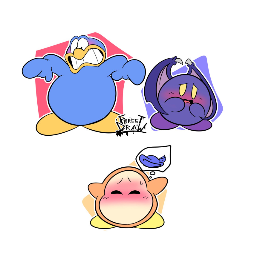 1:1 avian bandana_waddle_dee bird blush closed_eyes embarrassed featureless_crotch forest_draw group hi_res king_dedede kirby_(series) looking_down male meta_knight nintendo non-sexual penguin trio waddle_dee waddling_head