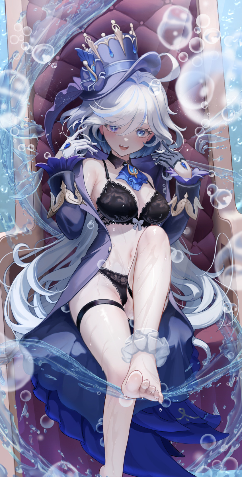 :d absurdres ahoge air_bubble ankle_scrunchie ascot asymmetrical_gloves bare_shoulders barefoot black_bra black_gloves black_panties blue_eyes blue_hair blue_hat blue_jacket bow bow_bra bra breasts bubble dorsiflexion feet female foot_out_of_frame furina_(genshin_impact) genshin_impact gloves hair_between_eyes hat heterochromia highres jacket knee_up legs light_blue_hair long_hair long_sleeves looking_at_viewer medium_breasts mismatched_gloves multicolored_hair navel open_clothes open_jacket paid_reward_available panties scrunchie sitting smile solo thigh_strap toenails toes top_hat ttkaki underwear very_long_hair white_gloves white_hair white_scrunchie