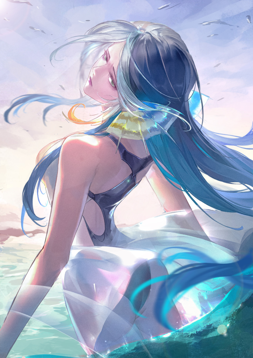 absurdres ass bare_arms bare_shoulders black_one-piece_swimsuit blue_hair breasts chinese_commentary commentary cowboy_shot female fins from_behind green_eyes head_fins highres lamia_(path_to_nowhere) large_breasts light_frown long_hair looking_at_viewer multicolored_hair ocean one-piece_swimsuit outdoors path_to_nowhere qingci shaft_look shoulder_blades sky solo streaked_hair swimsuit wading water