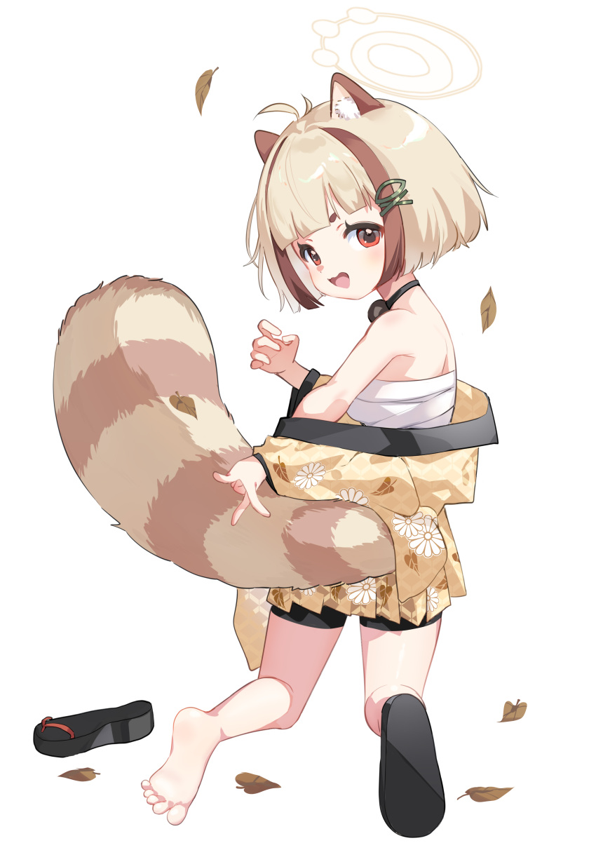 absurdres animal_ears arata_(blue_archive) bare_shoulders barefoot blonde_hair blue_archive bowl_cut female from_behind halo heizhouzi_(nankyoko) highres japanese_clothes kimono kneeling leaf looking_back raccoon_ears raccoon_girl raccoon_tail sandals tail unworn_sandals yellow_halo yellow_kimono