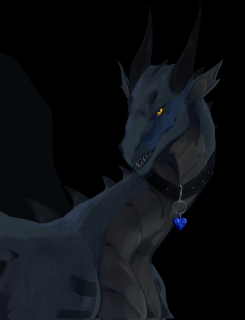 ambiguous_gender blue_body bust_portrait collar collar_tag deviant_(theratofthebath) dragon european_mythology feral grey_body grey_scales hi_res horn looking_at_viewer mythological_creature mythological_scalie mythology open_mouth portrait scales scalie simple_background smile smiling_at_viewer solo western_dragon yellow_eyes