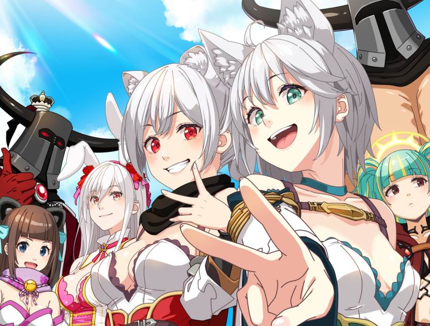 2boys 5girls :d animal_ears bell black_crown black_scarf blonde_hair blue_bow blue_eyes blue_sky blunt_bangs blush bow breasts brooch brown_eyes brown_hair cat_ears cat_girl character_request chest_harness cleavage cloud commentary_request crown fake_horns fantasy_earth_zero fingernails flower frilled_shirt frills gloves green_eyes green_hair grey_hair grin hair_flower hair_ornament hairbow halo harness helmet highres horned_helmet horns jewelry jingle_bell large_breasts long_hair looking_at_viewer masaki_shino medium_breasts multicolored_hair multiple_boys multiple_girls neck neck_bell open_mouth pink_bow pink_eyes pink_scarf rabbit_ears red_eyes red_flower red_gloves scarf shirt short_hair sky sleeveless sleeveless_shirt small_breasts smile star_brooch streaked_hair teeth tongue twintails upper_body upper_teeth_only v white_shirt yellow_halo