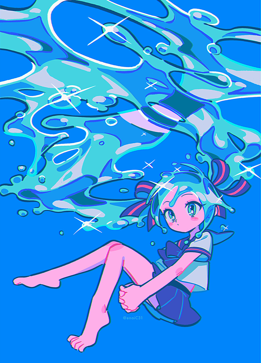 absurdly_long_hair aqua_eyes aqua_hair barefoot black_bow black_bowtie black_skirt blue_background blush_stickers bottle_miku bow bowtie closed_mouth dot_mouth female floating floating_hair full_body hair_floating_upwards hair_ribbon hands_under_legs hatsune_miku highres liquid_hair long_hair long_legs menma_(enaic31) midriff_peek miniskirt own_hands_clasped own_hands_together pleated_skirt raised_eyebrows ribbon school_uniform serafuku shirt short_sleeves simple_background skirt solo sparkle twintails twitter_username very_long_hair vocaloid water white_shirt