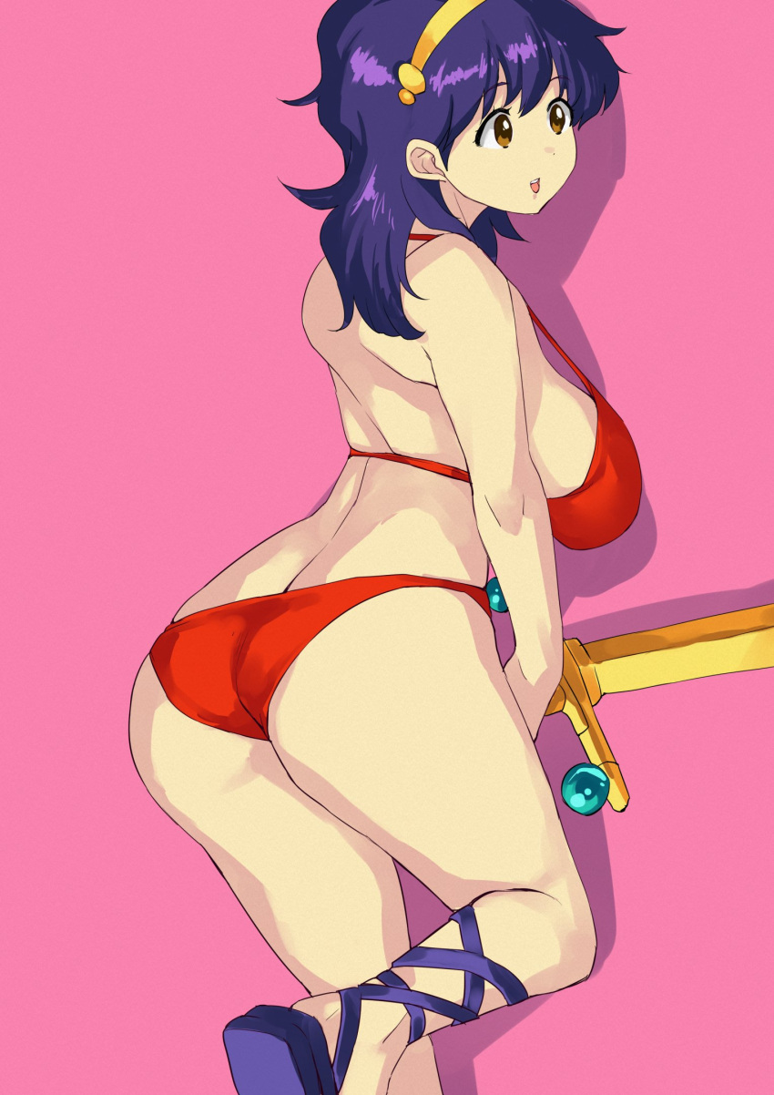 ass athena_(series) bikini breasts commentary_request coveredcore cowboy_shot curvy female from_behind gladiator_sandals highres holding holding_sword holding_weapon huge_breasts pink_background princess_athena purple_hair red_bikini sandals solo swimsuit sword tiara weapon wide_hips