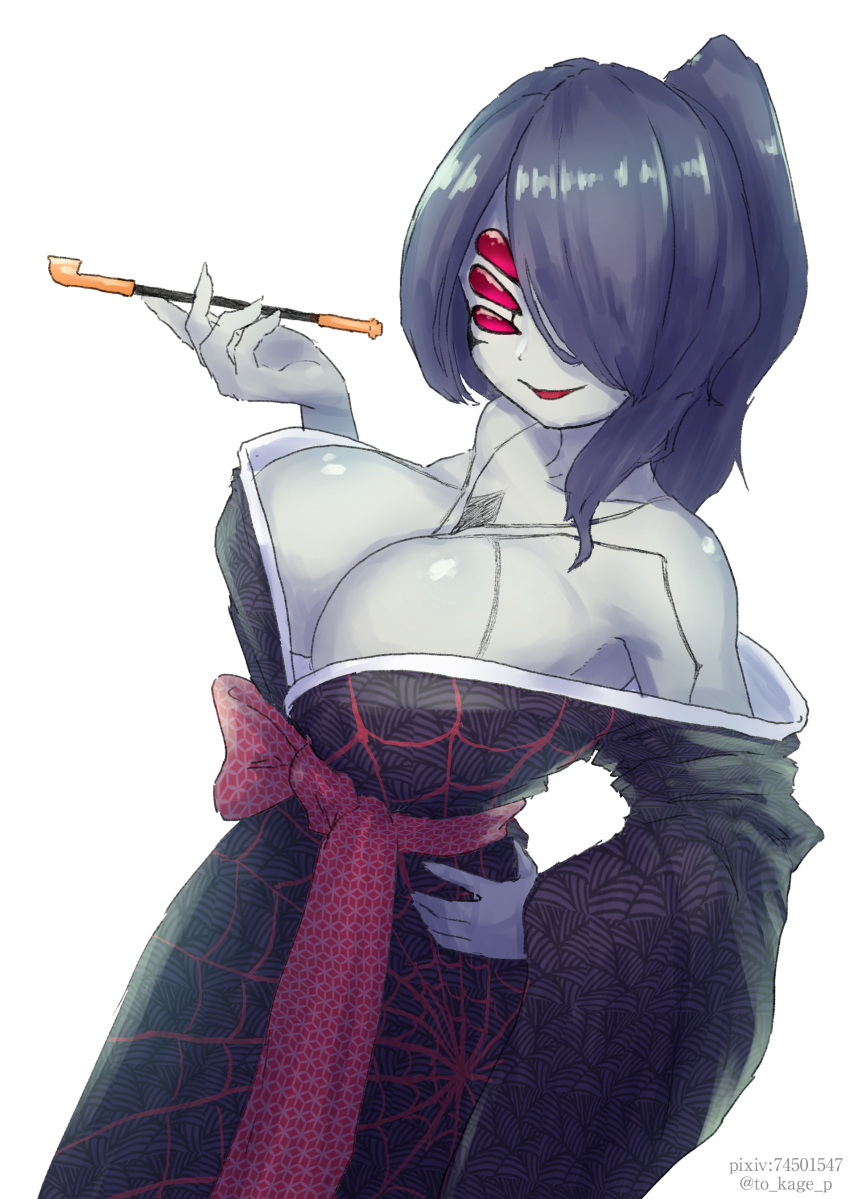 absurdres arachne arachne_lord arthropod_girl black_hair black_kimono breasts chest_tattoo cleavage colored_skin commentary_request extra_eyes female fingernails grey_skin hair_over_one_eye hand_on_own_hip highres holding holding_smoking_pipe japanese_clothes kimono large_breasts long_fingernails long_hair looking_at_viewer mon-musu_quest! monster_girl obi off_shoulder parted_lips pixiv_id print_kimono red_eyes red_sash sash shoulder_tattoo simple_background smile smoking_pipe solo spider_girl spider_web_print tattoo taur to_kage_p twitter_username white_background