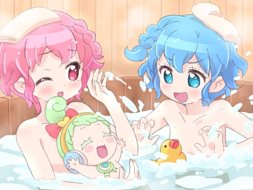 :d aqua_eyes arms_up bath blue_hair blush blush_stickers bow braid colored_eyelashes dorothy_west dot_nose earphones green_hair hairbow hand_up holding_baby ikzw indoors jewlulu mole mole_under_eye no_pupils nude one_eye_closed partially_submerged pink_eyes pink_hair pretty_series pripara red_bow reona_west rubber_duck shared_bathing short_hair sidelocks sitting smile splashing spread_fingers steam tenugui towel towel_on_head upper_body v-shaped_eyebrows water wet