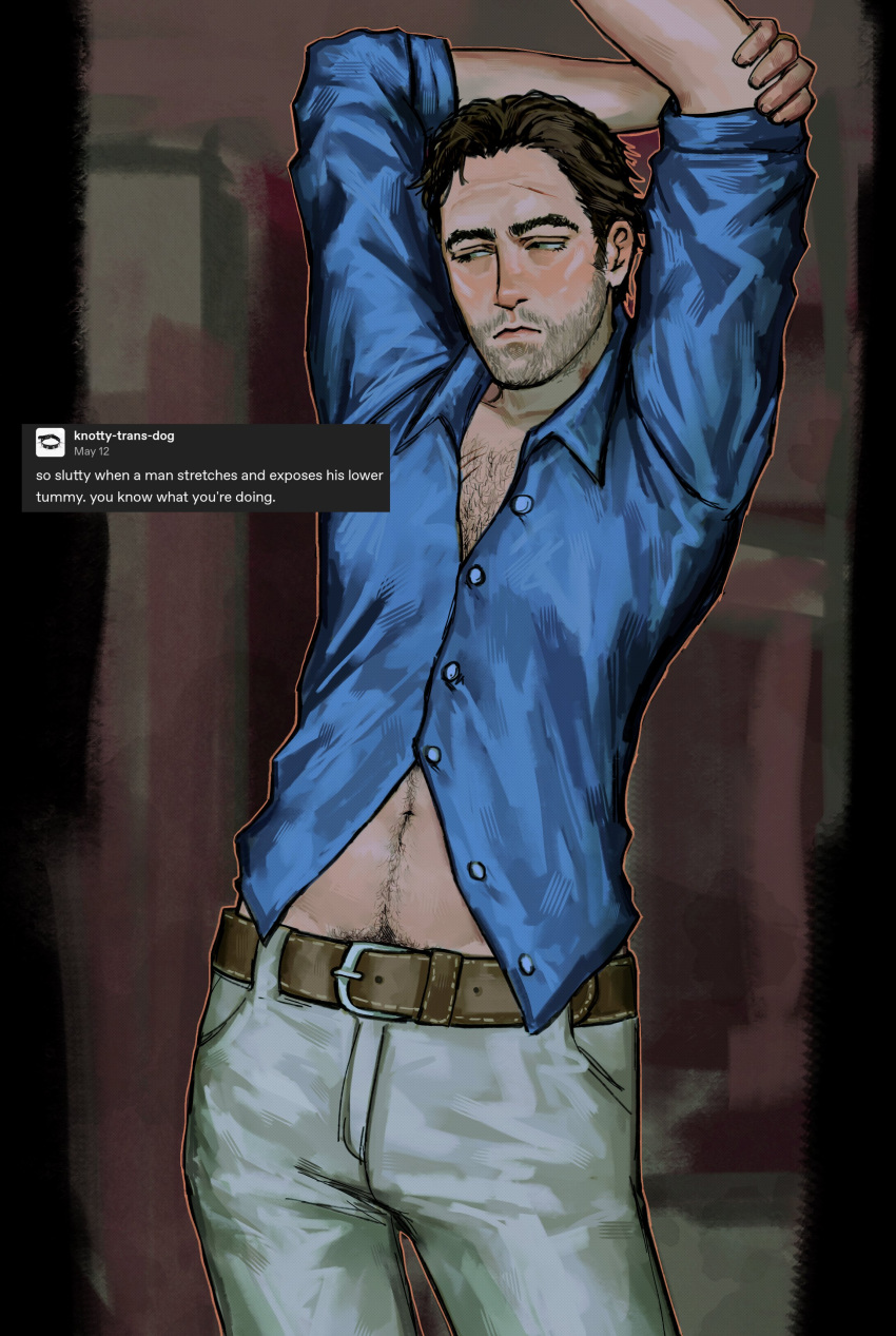 1boy absurdres arm_behind_head arms_up beard_stubble belt belt_buckle blue_shirt brown_belt brown_hair buckle buttons chest_hair collared_shirt facial_hair highres left_4_dead left_4_dead_2 looking_to_the_side male_focus navel nick_(left_4_dead) pants screenshot_inset shirt short_hair short_sleeves sideways_glance skillissue71 solo stubble white_pants