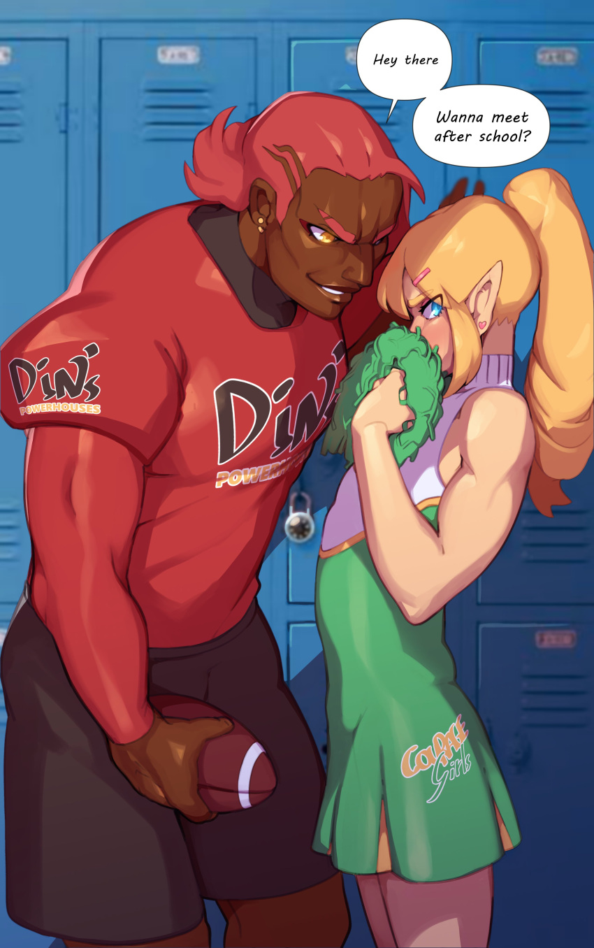 2024 absurd_res blonde_hair blue_eyes blush cheerleader cheerleader_outfit clothed clothing combos-n-doodles crossdressing dark_body dark_skin duo english_text femboy ganondorf gerudo hair hi_res humanoid hylian link male mammal muscular muscular_humanoid muscular_male nintendo text the_legend_of_zelda