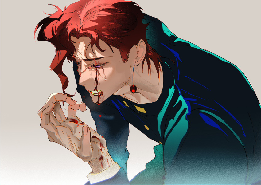 1boy adam's_apple arm_up atie1225 blood blood_from_eyes blood_on_face blood_on_hands buttons chinese_commentary coat commentary_request curled_fingers ear_piercing earrings eye_injury green_coat hunched_over jewelry jojo_no_kimyou_na_bouken kakyoin_noriaki layered_sleeves long_sleeves male_focus open_mouth piercing red_hair simple_background solo stardust_crusaders teeth upper_body white_background