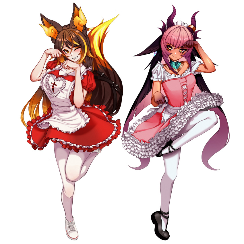 2girls absurdres animal_ears apron black_footwear black_nails breasts brown_eyeshadow brown_hair closed_mouth colored_extremities cross cross-laced_clothes cross-laced_dress dragon_girl dress earrings eyelashes facial_mark fiery_ears fingernails frilled_dress frills gradient_hair hair_between_eyes heart heart_facial_mark highres horn_ornament horn_ring horns indie_virtual_youtuber jewelry kimarislibran long_fingernails long_hair maid maid_headdress multicolored_hair multiple_girls multiple_horns one_eye_closed orange_hair pantyhose pink_dress pink_hair purple_eyes purple_hair red_dress sinder_(vtuber) slit_pupils standing standing_on_one_leg streaked_hair tail tan trickywi two-tone_eyes usekh_collar virtual_youtuber waist_apron white_apron white_footwear white_pantyhose wolf_ears wolf_girl wolf_tail yellow_eyes