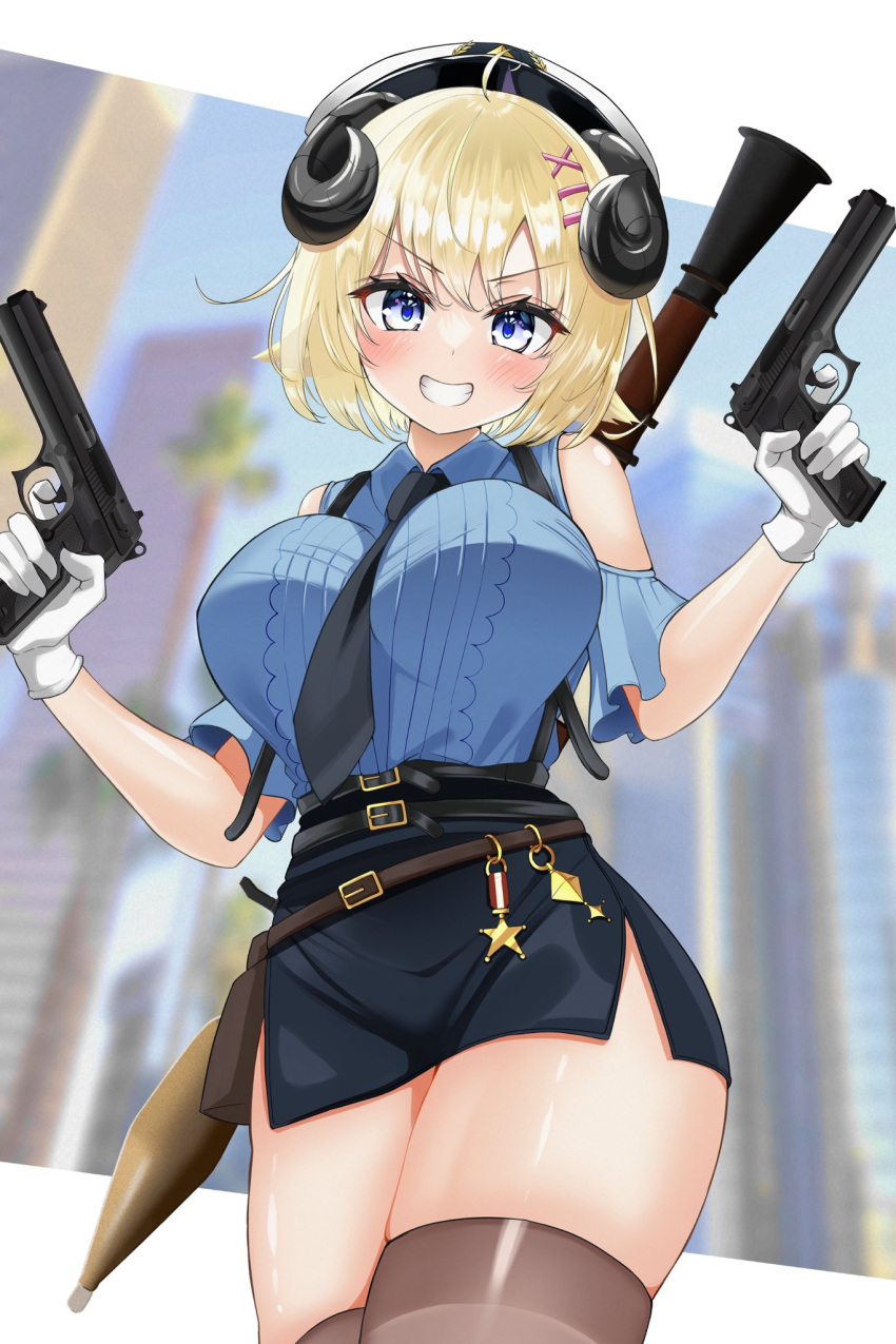 alternate_costume bare_shoulders beretta_92 black_skirt black_thighhighs blue_shirt blush breasts building cityscape cowboy_shot dual_wielding female finger_on_trigger gloves gun handgun hat highres holding holding_gun holding_weapon hololive horns inokeiwd large_breasts open_mouth police police_uniform policewoman rocket_launcher see-through_clothes see-through_thighhighs sheep_girl sheep_horns shirt short_hair skindentation skirt skyscraper smile solo teeth thighhighs tsunomaki_watame virtual_youtuber weapon white_gloves white_hat