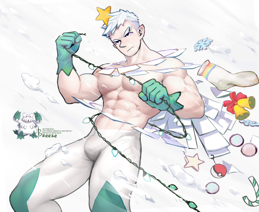 1boy abomasnow abs artist_name bara breezem18 bulge christmas_lights christmas_ornaments commentary english_commentary gloves green_gloves highres male_focus muscular muscular_male nipples paid_reward_available pectorals personification pointy_ears pokemon reference_inset short_hair single_sock snow socks solo topless_male undercut unworn_socks white_background white_hair