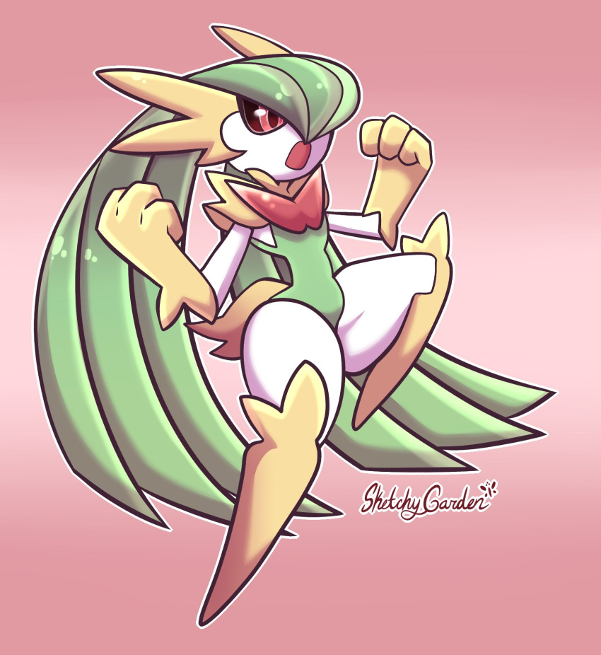 black_sclera clenched_hands colored_sclera colored_skin female frown fusion gardevoir green_hair green_leotard highres leotard long_hair looking_to_the_side lopunny neck_fur open_mouth pink_background pokemon pokemon_(creature) rabbit_tail red_eyes sketchygarden solo tail thighs twintails white_skin yellow_fur