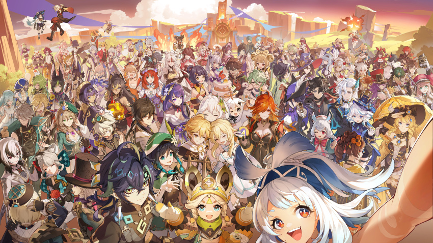 2024_summer_olympics 6+boys 6+girls absolutely_everyone absurdres aether_(genshin_impact) ahoge albedo_(genshin_impact) alhaitham_(genshin_impact) aloy_(horizon) amber_(genshin_impact) animal_ears anniversary arataki_itto arlecchino_(genshin_impact) artist_request baizhu_(genshin_impact) barbara_(genshin_impact) beidou_(genshin_impact) bennett_(genshin_impact) biker_clothes black_bikesuit black_eyes black_gloves black_hair blue_eyes blue_hair bodysuit breasts cake candace_(genshin_impact) cat_girl charlotte_(genshin_impact) chevreuse_(genshin_impact) chinese_clothes chiori_(genshin_impact) chongyun_(genshin_impact) cleavage clorinde_(genshin_impact) closed_eyes closed_mouth collei_(genshin_impact) commentary cosplay cyno_(genshin_impact) dehya_(genshin_impact) diluc_(genshin_impact) diona_(genshin_impact) dori_(genshin_impact) earrings emilie_(genshin_impact) english_commentary eula_(genshin_impact) everyone explosion faruzan_(genshin_impact) fire fischl_(genshin_impact) floating food freminet_(genshin_impact) frills furina_(genshin_impact) gaming_(genshin_impact) ganyu_(genshin_impact) genshin_impact glasses gloves gorou_(genshin_impact) green_hair guoba_(genshin_impact) hair_between_eyes hair_ornament highres horizon_(video_game) hu_tao_(genshin_impact) japanese_clothes jean_(genshin_impact) jewelry kachina_(genshin_impact) kaedehara_kazuha kaeya_(genshin_impact) kamisato_ayaka kamisato_ayato kaveh_(genshin_impact) keqing_(genshin_impact) kinich_(genshin_impact) kirara_(cat)_(genshin_impact) kirara_(genshin_impact) klee_(genshin_impact) kujou_sara kuki_shinobu layla_(genshin_impact) lisa_(a_sobriquet_under_shade)_(genshin_impact) lisa_(genshin_impact) long_hair long_sleeves looking_at_viewer lumine_(genshin_impact) lynette_(genshin_impact) lyney_(genshin_impact) mavuika_(genshin_impact) mika_(genshin_impact) mona_(genshin_impact) mualani_(genshin_impact) multicolored_hair multiple_boys multiple_girls nahida_(genshin_impact) navia_(genshin_impact) neuvillette_(genshin_impact) nilou_(breeze_of_sabaa)_(genshin_impact) nilou_(genshin_impact) ningguang_(genshin_impact) noelle_(genshin_impact) olympics open_mouth orange_eyes orange_hair outdoors paimon_(genshin_impact) purple_eyes purple_hair qiqi_(genshin_impact) raiden_shogun razor_(genshin_impact) red-framed_eyewear red_hair rosaria_(genshin_impact) sangonomiya_kokomi sayu_(genshin_impact) scaramouche_(genshin_impact) second-party_source sethos_(genshin_impact) shenhe_(genshin_impact) shikanoin_heizou short_hair sigewinne_(genshin_impact) single_earring smile streaked_hair sucrose_(genshin_impact) sunburst_iris symbol-shaped_pupils tartaglia_(genshin_impact) thoma_(genshin_impact) tighnari_(genshin_impact) two-tone_hair venti_(genshin_impact) very_long_hair wanderer_(genshin_impact) when_you_see_it white_hair wriothesley_(genshin_impact) x-shaped_pupils xiangling_(genshin_impact) xianyun_(genshin_impact) xiao_(genshin_impact) xingqiu_(genshin_impact) xinyan_(genshin_impact) yae_miko yanfei_(genshin_impact) yaoyao_(genshin_impact) yelan_(genshin_impact) yellow_eyes yoimiya_(genshin_impact) yun_jin_(genshin_impact) yusuf_dikec yusuf_dikec_(cosplay) zhongli_(genshin_impact)