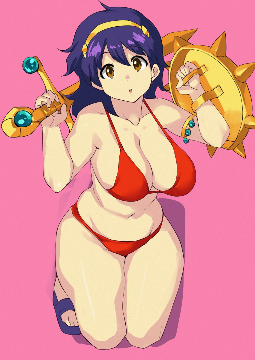 armlet athena_(series) bikini breasts collarbone commentary_request coveredcore curvy female gladiator_sandals head_tilt highres holding holding_shield holding_sword holding_weapon jewelry large_breasts medium_hair navel pink_background princess_athena red_bikini sandals shield simple_background solo swimsuit sword thick_thighs thighs tiara weapon wide_hips