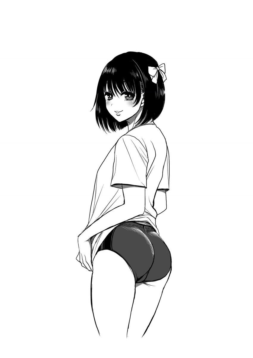 amazume_ryuuta ass bow breasts buruma commentary_request cropped_legs female greyscale hairbow highres lips looking_back medium_breasts medium_hair monochrome original procreate_(medium) shirt smile solo t-shirt