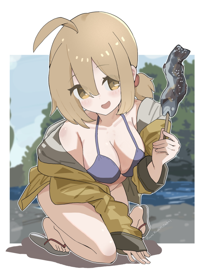 100_percent_orange_juice ahoge bare_legs beach bikini bikini_under_clothes black_bikini blonde_hair border breasts cleavage day female flip-flops happy highres holding kneeling kunikuni_(kunihiro2005) leaning_forward looking_at_viewer low_twintails medium_breasts outdoors raincoat saki_(orange_juice) sand sandals solo suguri swimsuit toes twintails white_border yellow_eyes yellow_raincoat