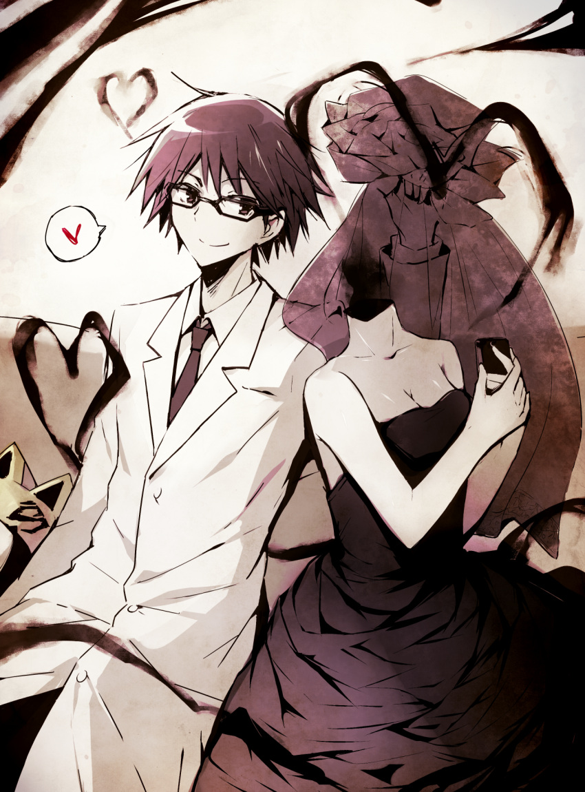 1boy animal_helmet bare_arms bare_shoulders black-framed_eyewear black_dress breasts brown_eyes brown_hair brown_necktie cellphone celty_sturluson cleavage closed_mouth collarbone collared_shirt commentary_request couch dress durarara!! female glasses headless heart highres holding holding_phone jacket kishitani_shinra medium_breasts necktie on_couch phone shirt sitting smile spoken_heart strapless strapless_dress white_jacket white_shirt yomogi_komegura