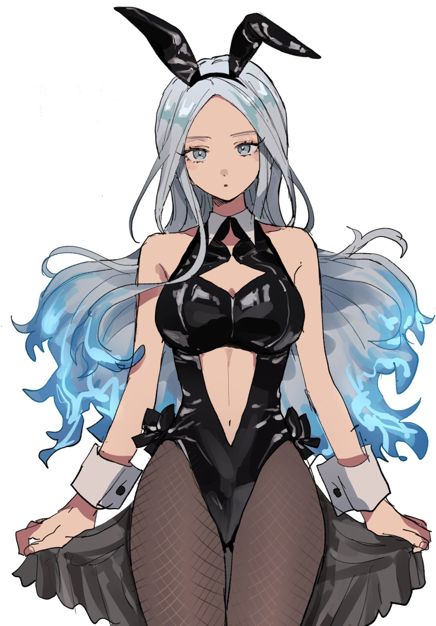 :o above_cleavage_cutout animal_ears aoi_(yooo009) arms_at_sides black_leotard blue_hair breasts clothing_cutout colored_tips cowboy_shot fake_animal_ears female floating_hair grey_eyes grey_hair halterneck highres leotard long_hair looking_ahead looking_at_viewer medium_breasts megido72 middle_part midriff multicolored_hair navel parted_lips playboy_bunny rabbit_ears shiny_clothes simple_background skirt_hold solo stomach_cutout straight-on ukobach_(megido72) unfinished white_background white_wrist_cuffs wing_collar wrist_cuffs